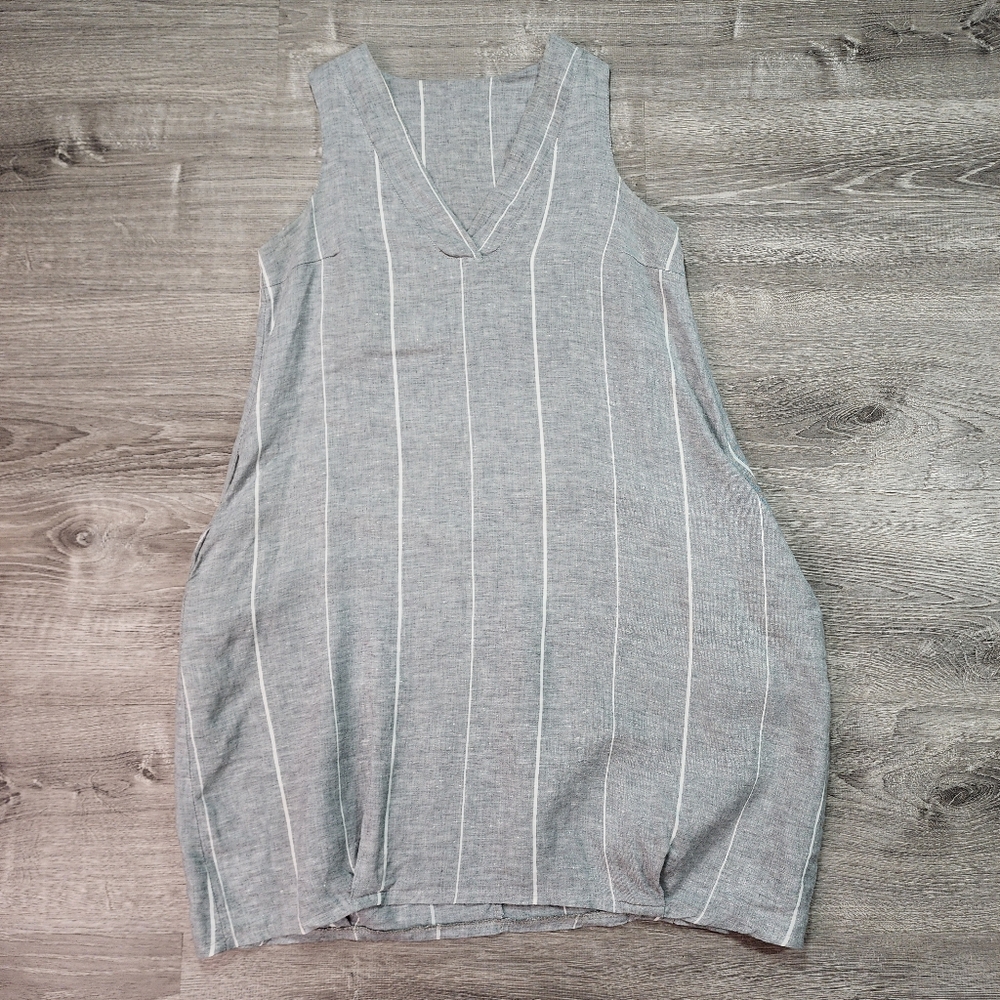 ITALIAN Linen Blue White Striped Bubble Dress Pockets Sleeveless